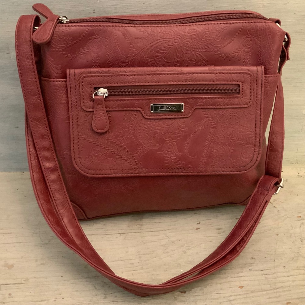 MultiSac Burgundy Faux Leather Nature Inspired Embossed Shoulder Bag Purse LN